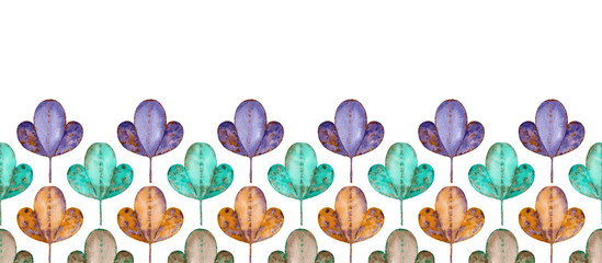 Abstract foliage horizontal seamless border. The original ornament with colorful leaves. Watercolor background.
