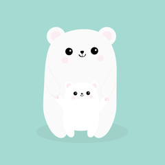 Polar white small little bear cub. Reaching for a hug. Cute cartoon character icon. Mother hugging baby. Arctic animal collection. Flat design. Winter blue background. Isolated.