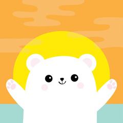 Polar white small little bear cub. Reaching for a hug. Cute cartoon baby character. Open hand ready for a hugging. Arctic animal collection. Flat design. Sunset sundown orange cloud background.