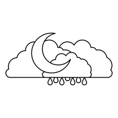 clouds with rain and half moon in sketch silhouette on white background