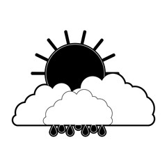 clouds with rain and sun in black section silhouette on white background