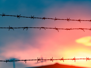 Silhouette of sharp barbed wire against sunset background, beautiful sunset and colorful sky 