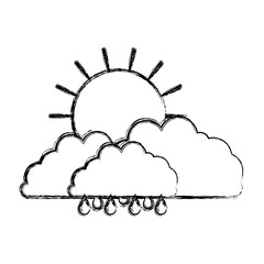 clouds with rain and sun in blurred silhouette on white background