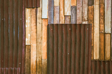 Old wood plank with galvanized iron background.