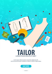 Tailor and seamstress banner. Sewing kit. Needlework, handmade. Dressmaking concept.