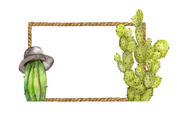 Watercolor painting of Brown Rope frame with cactus on white background