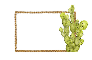Watercolor painting of Brown Rope frame with cactus on white background