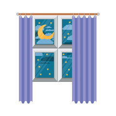 window with curtain and night landscape in colorful silhouette on white background