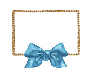 Watercolor painting of Brown Rope frame with blue bow on white background