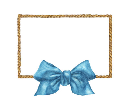 Watercolor Painting Of Brown Rope Frame With Blue Bow On White Background