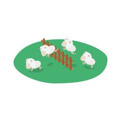 sheeps jump wooden fence grass in colorful silhouette on white background