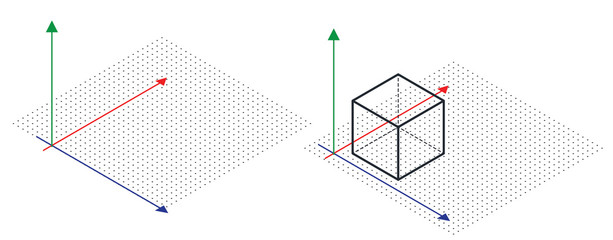 Isometric drawing a thirty degreesangle is applied to its sides. The cube opposite. 3d coordinate axis vector . Grid Paper Isometric dots vector
