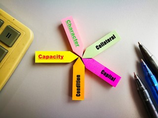 conceptual image of business/finance. Words "capacity, character, capital, condition, collateral" on colorful sticky notes. On white surface with calculator and pens. Natural light source from window.