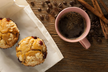 Muffin Served With Coffee For Breakfast On Vintage Rustic Wood Kitchen Table. Selective Focus .