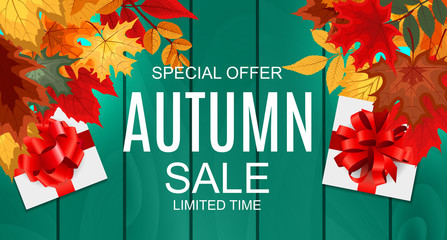 Abstract Vector Illustration Autumn Sale Background with Falling Autumn Leaves
