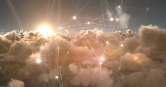 Binary codes and lines against white clouds 