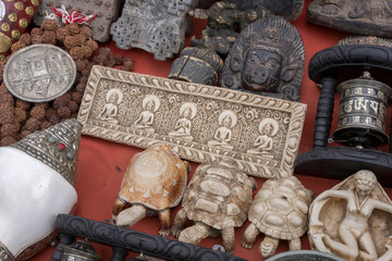 Wooden and clay handicraft souvenirs at old flea market, Kathmandu, Nepal