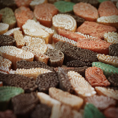 Vintage handmade wooden stamps for fabric decoration. Market India, Rajasthan