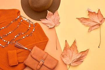 Autumn Arrives. Fashion Lady Clothes Set. Trendy Cozy Knit Jumper. Fashion Stylish Handbag Clutch,...