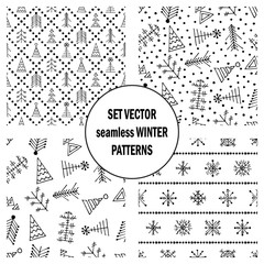 Set of seamless vector patterns with fir-trees, snowflakes. seasonal winter background with cute hand drawn fir trees Graphic illustration. Series of winter seamless vector patterns. - 169904714