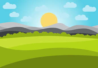 Vector landscape with field and mountains. Early morning with the rising of the sun on the horizon. Vector illustration.
