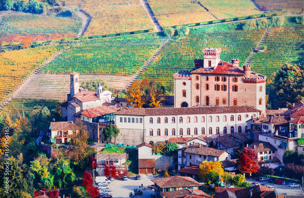 Wall mural autumn landscape - famous wine region in piedmont. barolo castle and village. north of italy