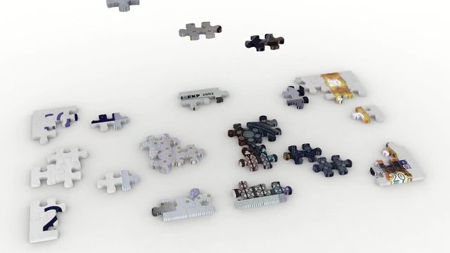 Animazione illustrazione 3D. Creazione puzzle e mazzetta  venti  euro su sfondo bianco..