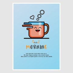 Vector greetings in the morning. With a glass of coffee On a blue background