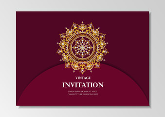 invitation card vintage design with diamond mandala pattern on red background vector