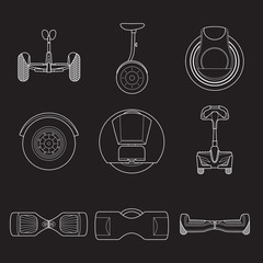 Set of simple gyroscooter line art icons on black background. Gyrobord set