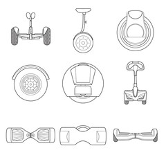 Set of simple gyroscooter line art icons on white background. Gyrobord set