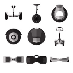 Set of simple monochrome gyroscooter flat icons on white background. Gyrobord set