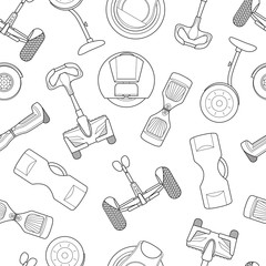 Seamless pattern background with simple gyroscooter line art icons on white background . Gyrobord set