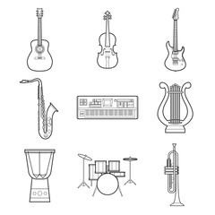Set of simple musical instruments line art icons on white background - 169906957