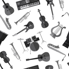 Seamless pattern background with simple monochrome musical instruments flat icons on white background - 169906995