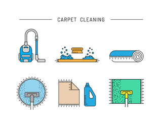 Cleaning of carpets with vacuum cleaner and detergents drawn in a linear style. Vector logo of the cleaning company, booklet, flyer