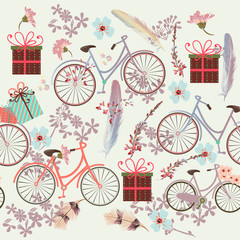 Floral wallpaper pattern with bicycles, feathers and flowers