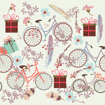 Floral wallpaper pattern with bicycles, feathers and flowers