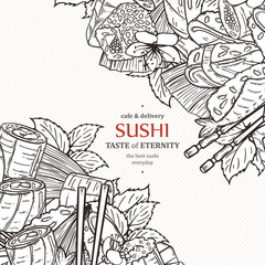 Doodle sushi restaurant menu design template. Engrave asian food frame.