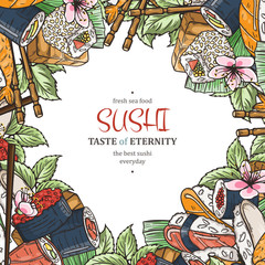 Doodle sushi restaurant menu design template. Engrave asian food frame. © Drekhann