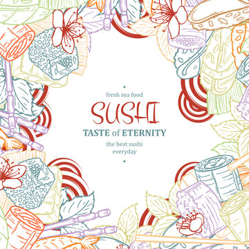 Doodle sushi restaurant menu design template. Engrave asian food frame.