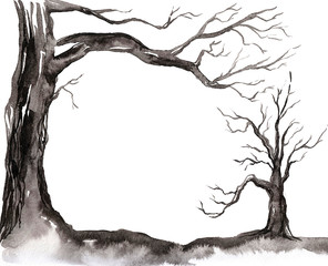 Watercolor silhouette of a tree. Wonderful postcard on halloween