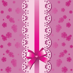 Lace ribbon with bow and butterflies on the background with flowers. Vintage background with lace edging and a satin ribbon with a bow. Design for decorating gift boxes, packaging materials. 