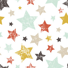 Vector seamless childish pattern with stars. Grunge style, shabby street art imitation. Vintage old paper texture. - 169912196