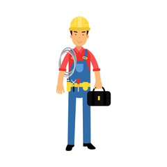 Male construction worker character standing with toolbox and roll of rope cartoon vector Illustration