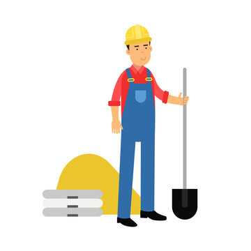 Male construction worker character standing with shovel cartoon vector Illustration