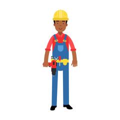 Male construction worker character in overalls with belt with tools holding drill cartoon vector Illustration