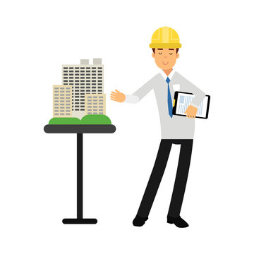 Architect builder character in hard hat presenting a model of new building cartoon vector Illustration