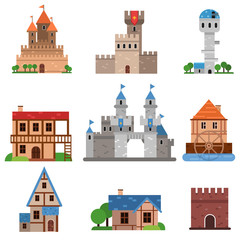 Medieval historical buildings of different countries set, towers, castles, forts, houses cartoon vector Illustrations