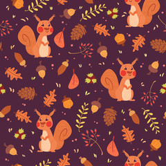 Cute squirrels in forest seamless pattern